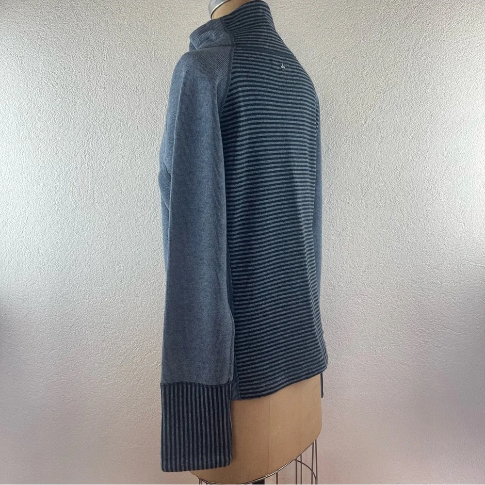PrAna l M Lucia Wool Blend Funnel Neck Stripe Wood Buttons Knit Pullover Sweater